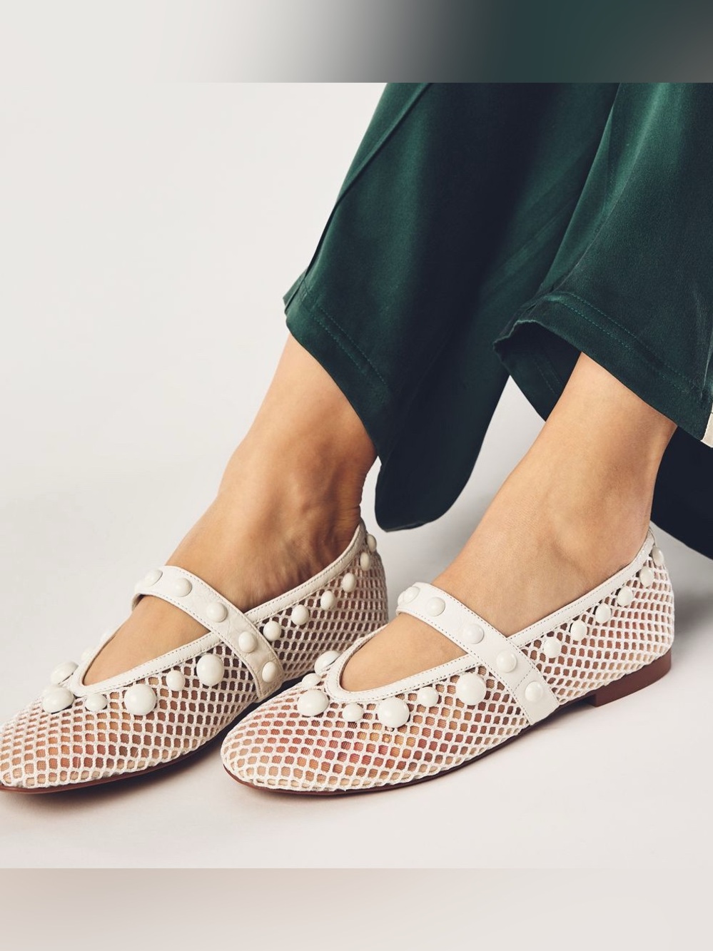 Bibi Lou Netted Stud Mary Jane Flats Blanco Anthropologie Size 39